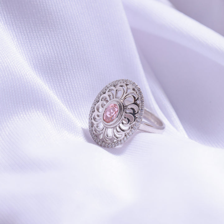 Close-up of Oval Cut Peach Ring – soft and elegant peach gemstone in silver