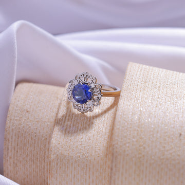 Close-up of Dark Blue Floral Ring – intricate floral pattern with blue gemstone