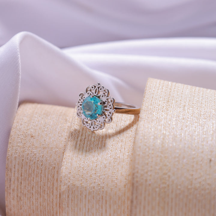 Aqua Blue Flower Ring – 925 silver floral design with aqua blue gemstone