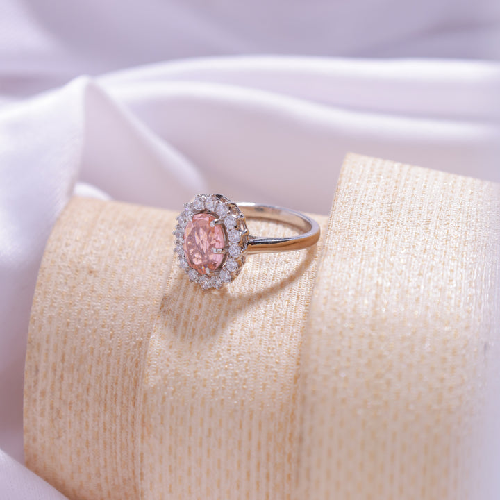 Close-up view of Cubic Zirconia Peach Ring – soft peach tone and silver setting